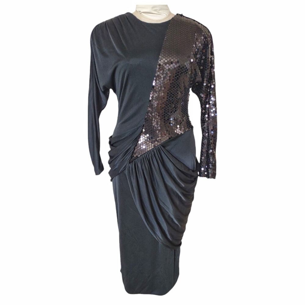 DOVIZIA Black Vintage Cocktail Dress Sz 8 Sequins Bodycon New Years Eve Holidays